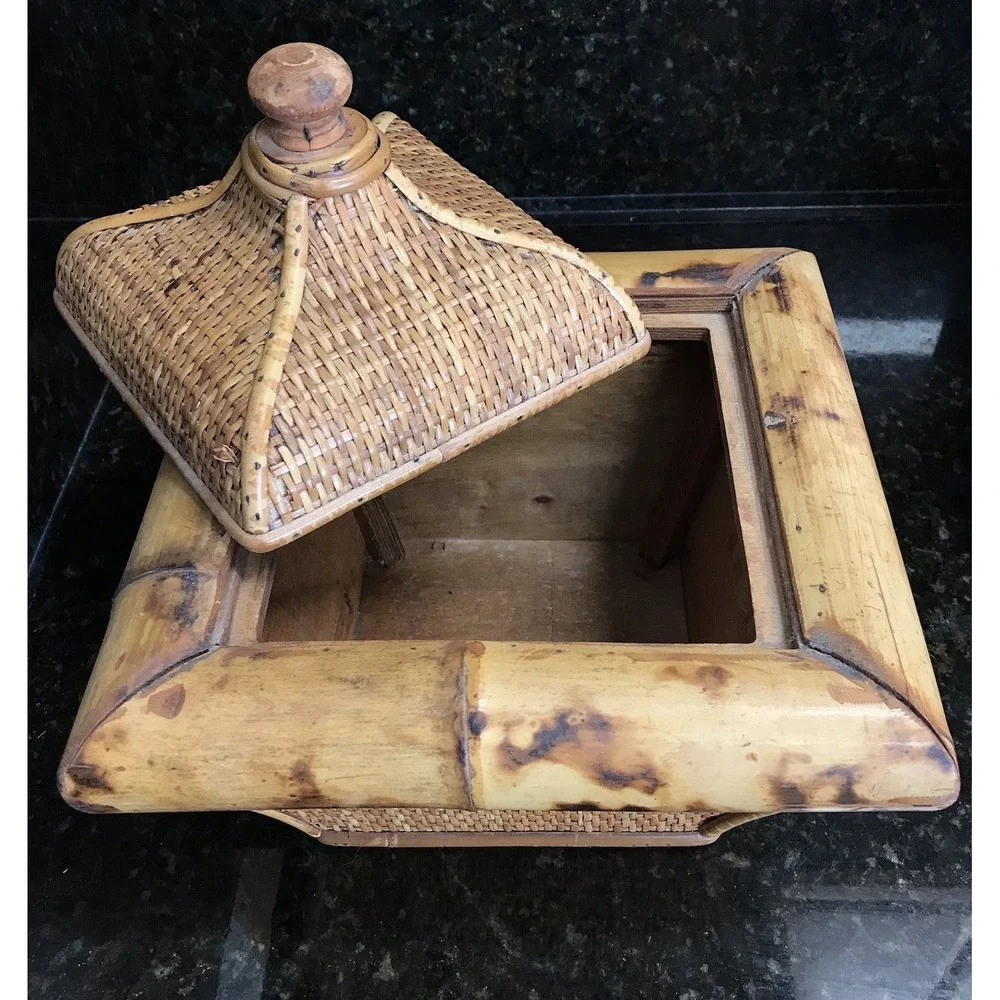 Vintage Wicker Rattan Scorched Bamboo Storage Box With Lid Planter